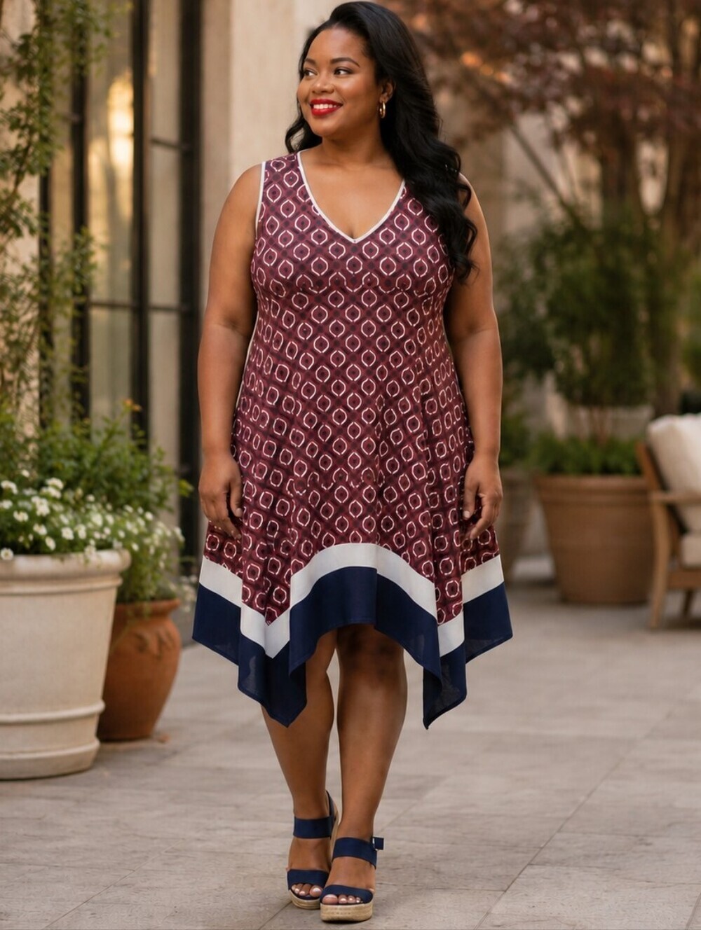 PerSeption Red,White & Blue Geometric Print Asymmetrical Stretch Midi Dress